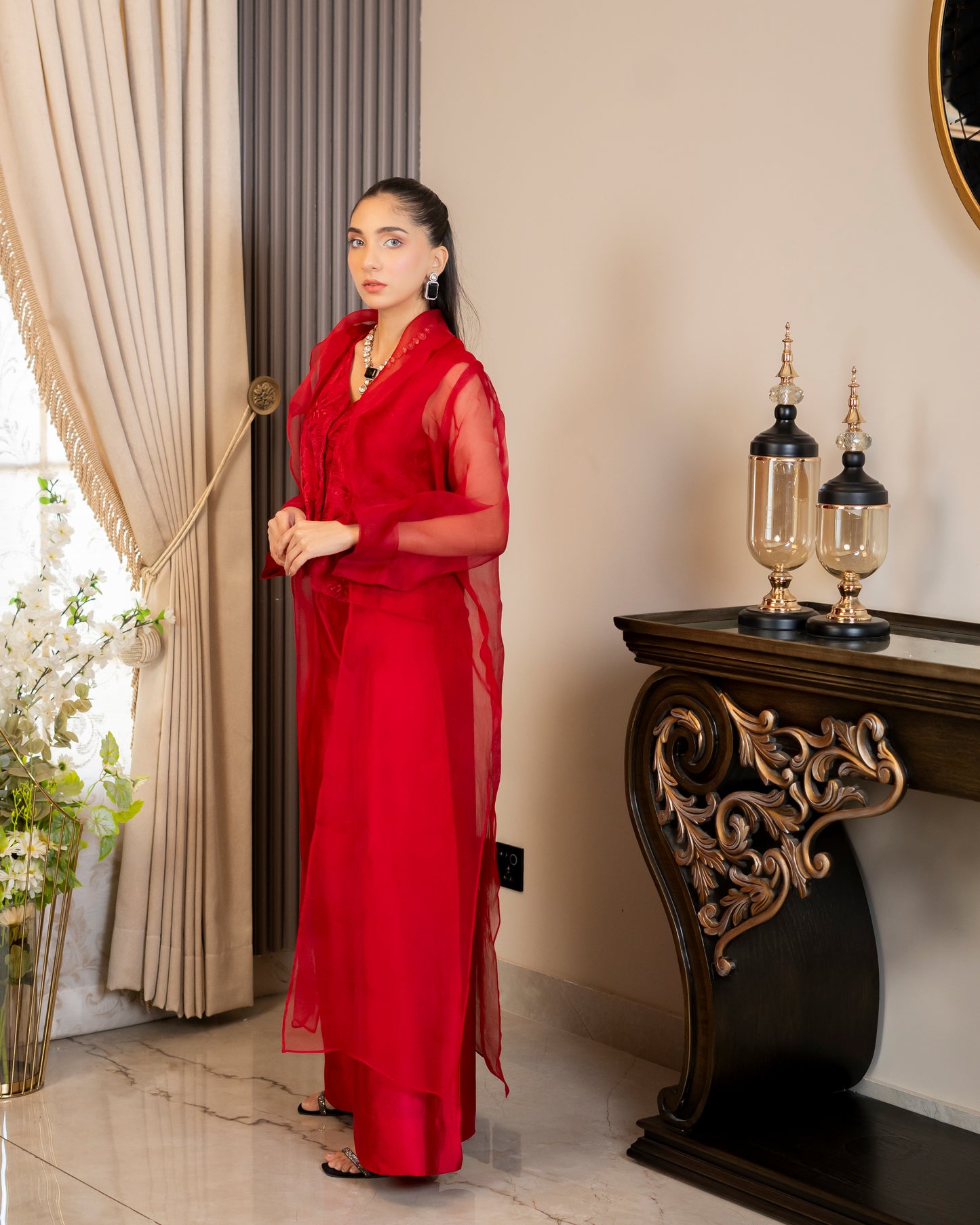 “Scarlet Veil – Silk & Organza Three-Piece Ensemble”